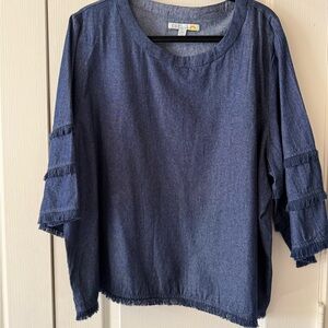 Navy Chambray Top with Fringe Details